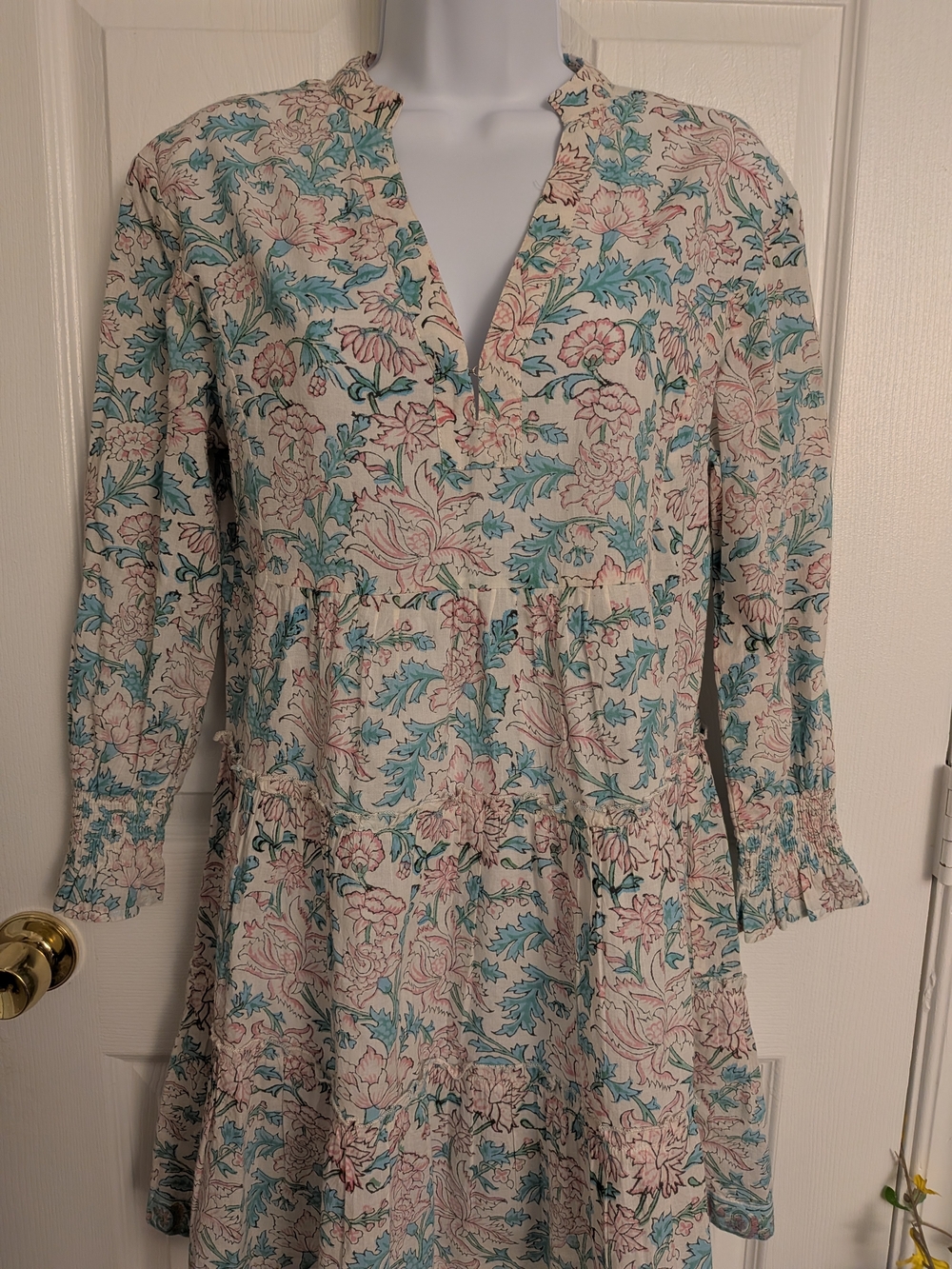 Gingy Fennerton Collection white/pink/teal boho chic tiered dress. 100% cotton